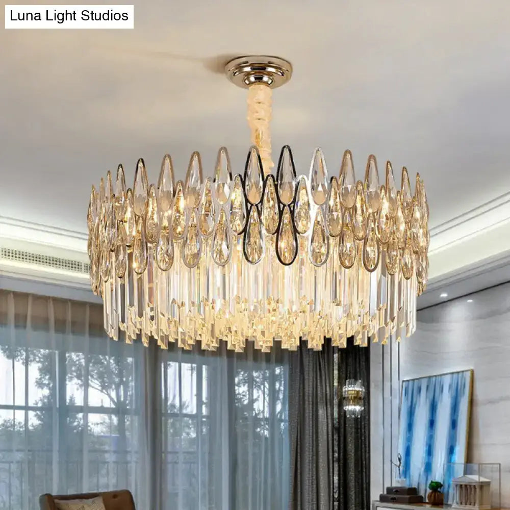DecorBites™ minimalist k9 crystal drum pendant light with cascading teardrop crystals and polished gold frame for living room