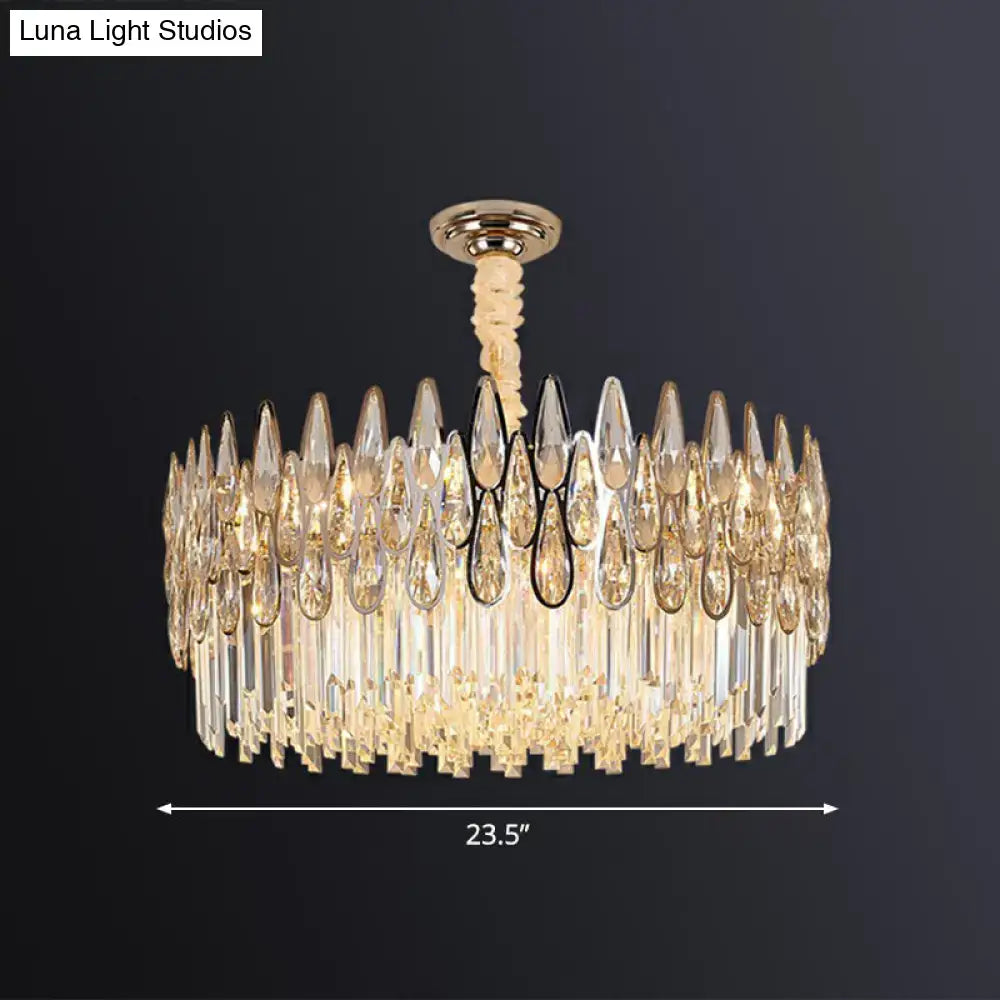 Decorbites minimalist k9 crystal drum pendant light with gold-toned mount and clear prisms for living room chandelier