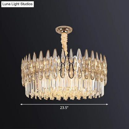 Decorbites minimalist k9 crystal drum pendant light with gold-toned mount and clear prisms for living room chandelier