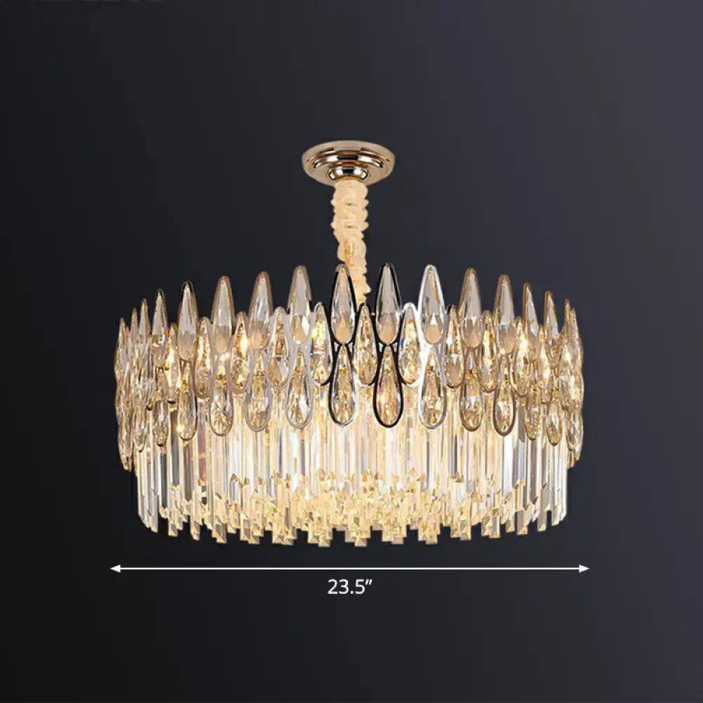 Decorbites minimalist k9 crystal drum pendant light with gold ceiling mount and cascading crystal droplets for living room