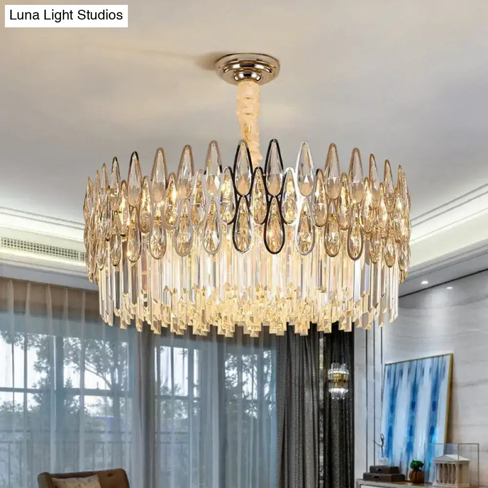 DecorBites minimalist living room crystal drum pendant light with clear teardrop k9 crystals and polished brass fixture