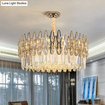 DecorBites minimalist living room crystal drum pendant light with clear teardrop k9 crystals and polished brass fixture