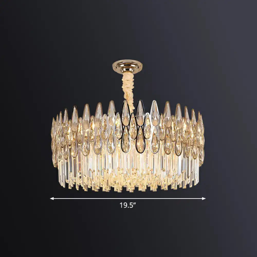 Decorbites minimalist k9 crystal drum pendant light with gold metal frame and clear teardrop crystals for living room