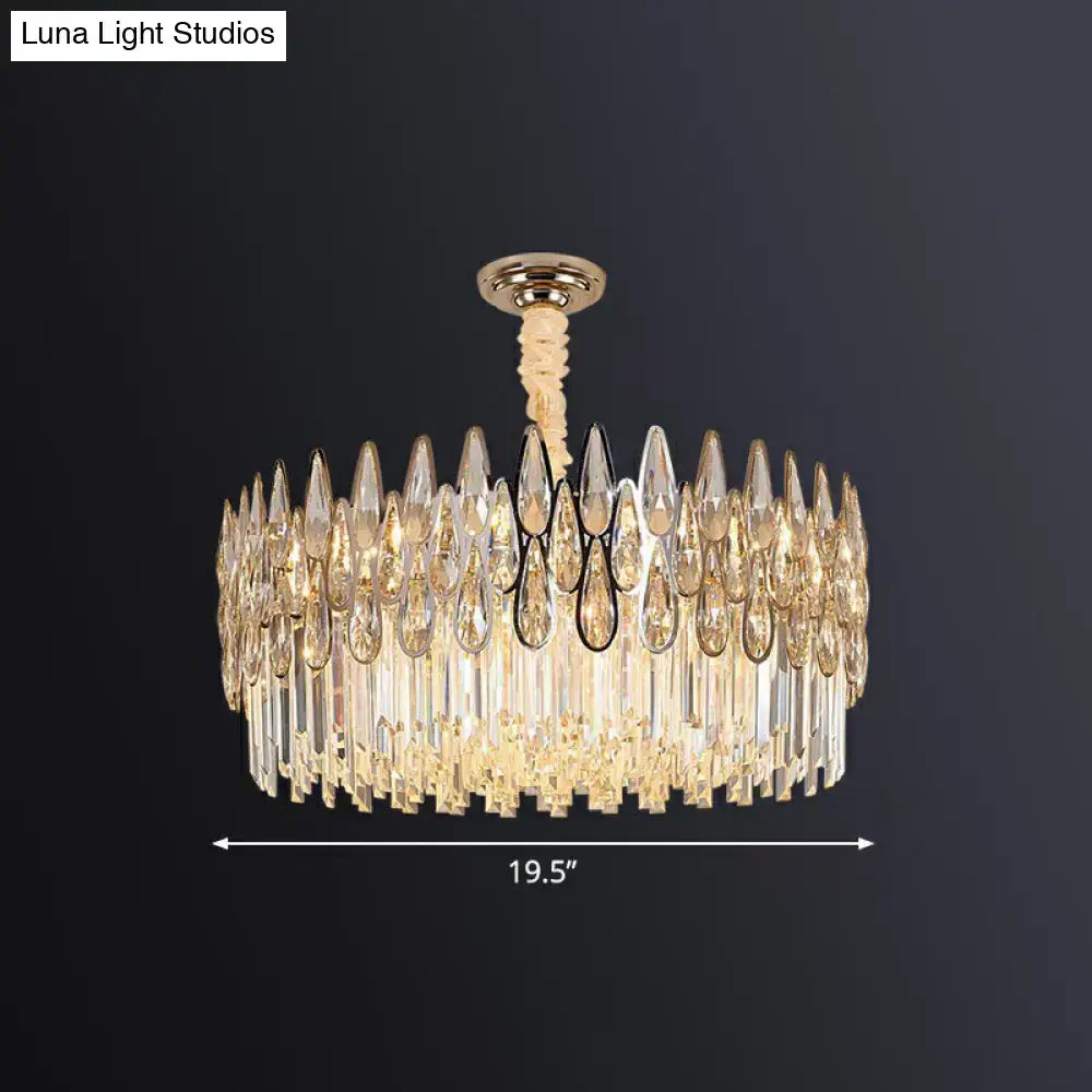 DecorBites™ minimalist gold-toned crystal drum pendant light with cascading crystals for modern living room chandelier