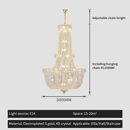 Modern gold crystal duplex chandelier with cascading k9 crystal and electroplated gold accents for villa decorbites crystal duplex