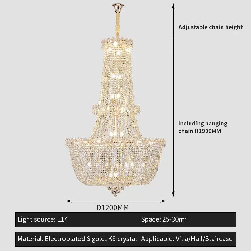 Modern gold crystal duplex chandelier with cascading k9 crystals and electroplated s gold finish for elegant decorbites crystal duplex lighting