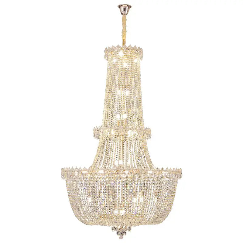 Modern gold crystal duplex chandelier featuring a multi-tiered gold-toned frame with faceted crystals for living room decorbites crystal duplex
