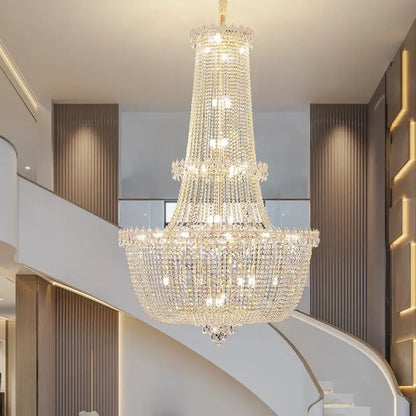Modern gold crystal duplex chandelier with cascading clear faceted crystals for elegant living room decorbites crystal duplex