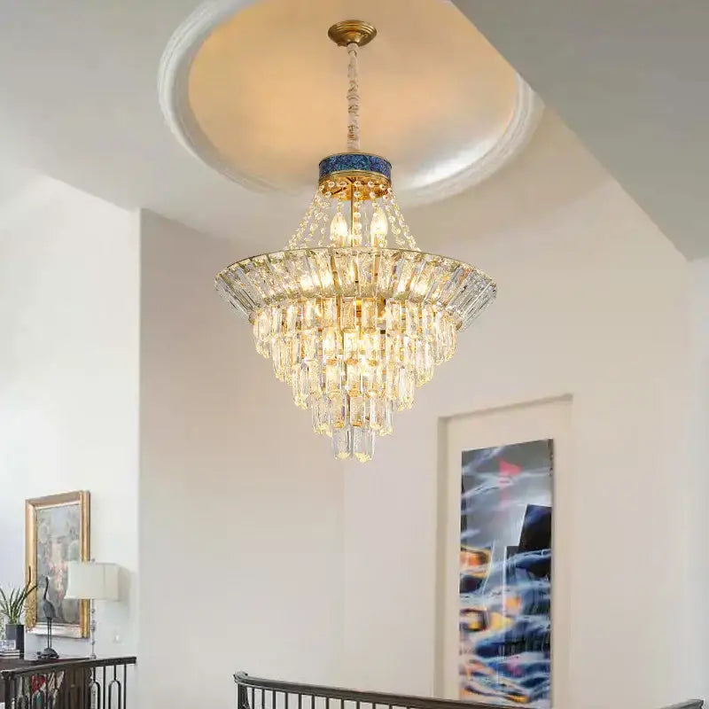 Modern gold crystal duplex chandelier with blue mosaic ring and gold-toned accents for living room decorbites crystal duplex