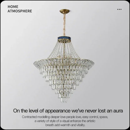 Modern gold crystal duplex chandelier with multi-tiered clear glass prisms and gold-toned metal frame by decorbites crystal duplex