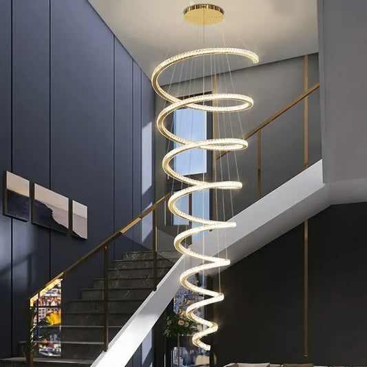 Modern gold crystal duplex pendant light with multiple glowing crystal duplex rings for elegant dining room decorbites chandelier