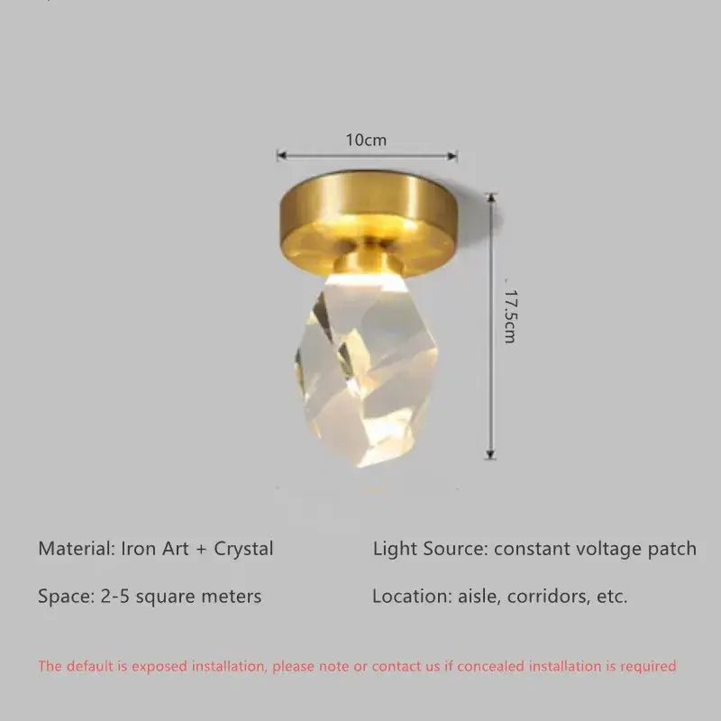 Modern gold crystal entrance ceiling lamp with brass iron base and faceted clear crystal pendant for balcony hallway decorbites ceiling lamp