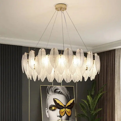 Modern gold crystal feather chandelier with translucent glass shades in a circular design for living room decorbites crystal feather