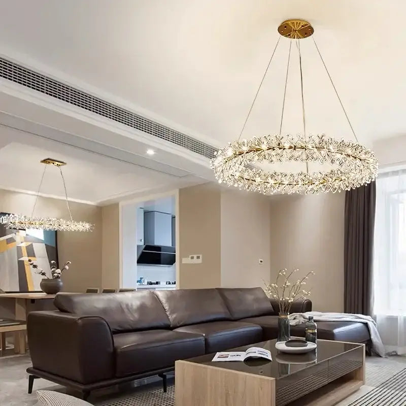 Modern gold crystal flower chandelier with a circular frame featuring decorbites crystal flower elements for living room decor