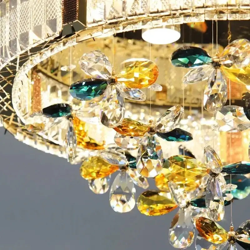 Modern gold ceiling lamps with decorbites crystal flower led design in yellow and teal for living room decor