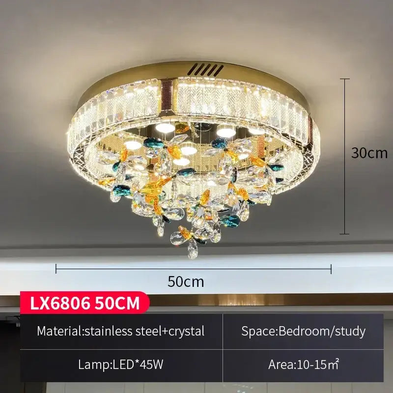 Modern gold crystal flower led ceiling lamps feature a gold stainless steel frame with blue and amber crystal droplets