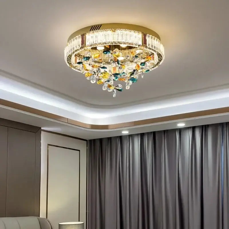 Modern gold ceiling lamps with decorbites crystal flower led design featuring colorful crystal droplets for living room decor