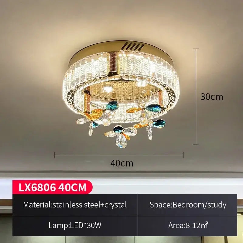 Modern gold crystal flower led ceiling light with gold stainless steel frame and multicolored crystal droplets for decorbites ceiling light