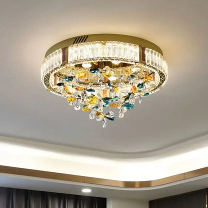Modern gold crystal flower led ceiling light with gold frame and colorful crystal leaves for living room decorbites decor