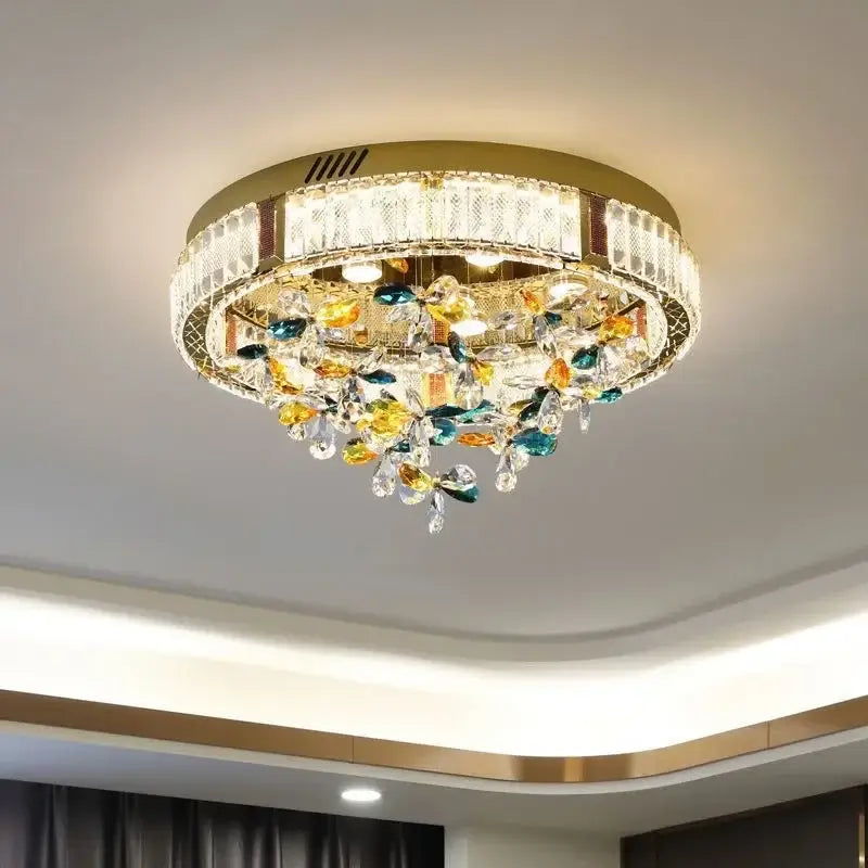 Modern gold crystal flower led ceiling light with gold frame and colorful crystal leaves for living room decorbites decor
