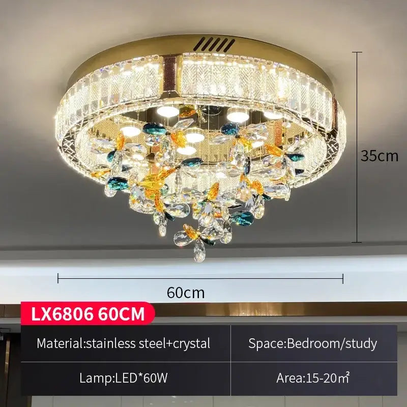 Modern gold crystal flower led ceiling light with gold-toned steel frame and multicolored crystal droplets for living room decorbites ceiling light