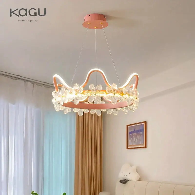 Modern gold crystal flower ring chandelier with pink crown-shaped LED and crystal flower decorbites accents for living room