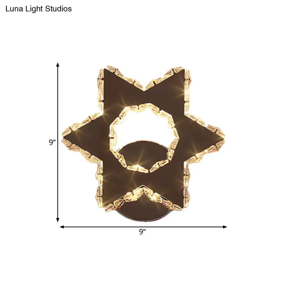 Modern gold star-shaped wall sconce with crystal accents and warm white light 110v-120v, sleek chrome finish design