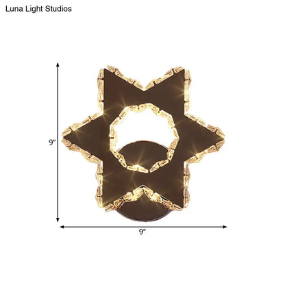 Modern gold star-shaped wall sconce with crystal accents and warm white light 110v-120v, sleek chrome finish design