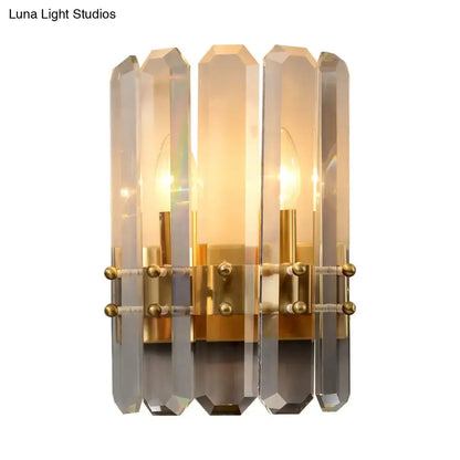 Modern gold crystal flush wall sconce with clear faceted panels and metal accents for 110v-120v flush wall lighting