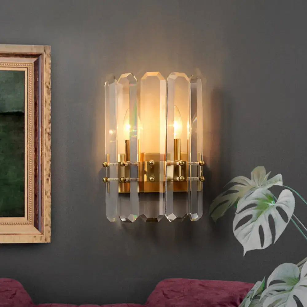 Elegant gold-toned modern flush wall sconce with clear crystal bars designed for 110v-120v or 220v-240v lighting