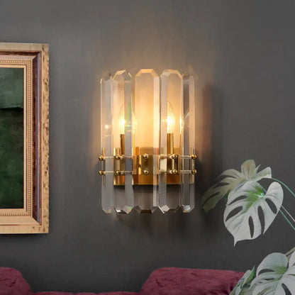 Elegant gold-toned modern flush wall sconce with clear crystal bars designed for 110v-120v or 220v-240v lighting