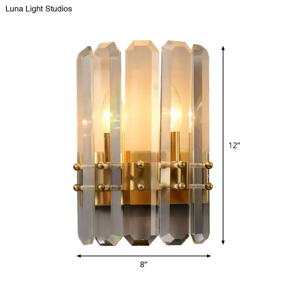 Modern gold crystal flush wall sconce with five faceted crystal panels and polished brass frame for 110v-120v use