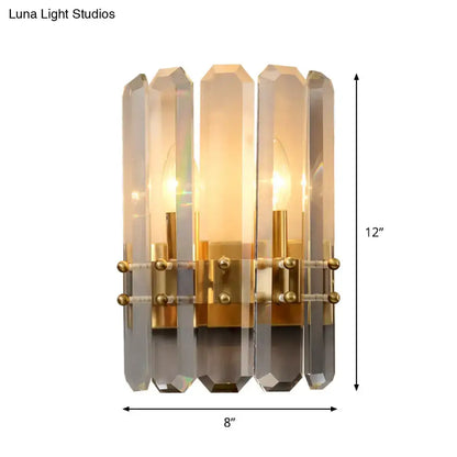 Modern gold crystal flush wall sconce with five faceted crystal panels and polished brass frame for 110v-120v use