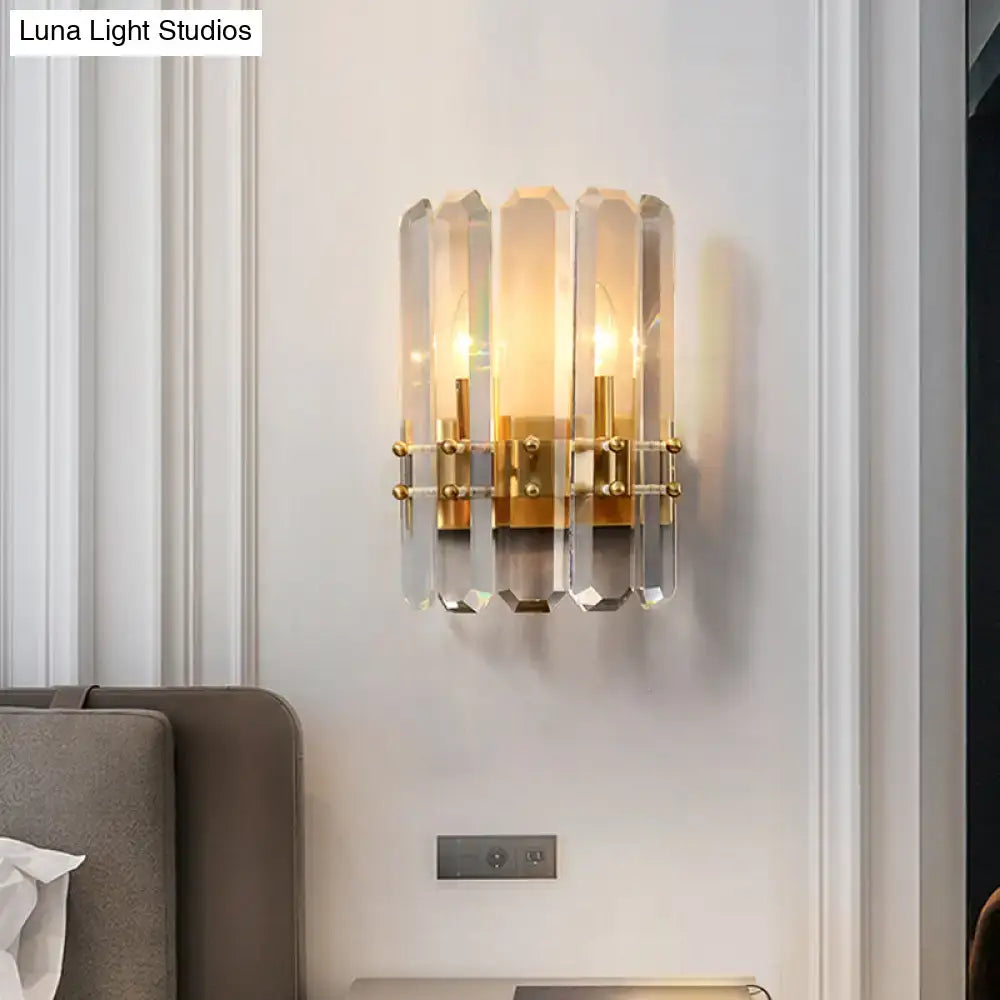 Modern gold crystal flush wall sconce with three vertical crystal panels for 110v-120v or 220v-240v flush wall lighting