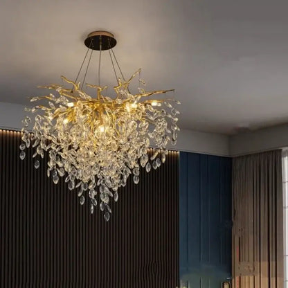 Modern gold crystal g9 chandelier with branch-style design and cascading clear crystal droplets for living room decorbites crystal lighting