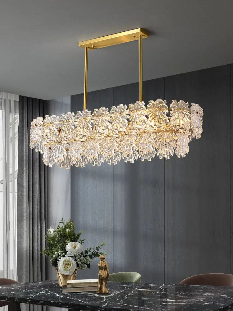 Modern gold crystal glass led pendant chandelier with faceted flower-like crystals for dining room lighting