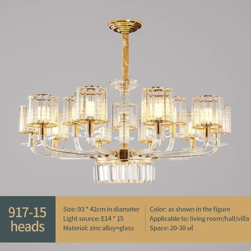 Modern gold crystal glass pendant lamp with fifteen illuminated glass shades for dining room decorbites crystal glass