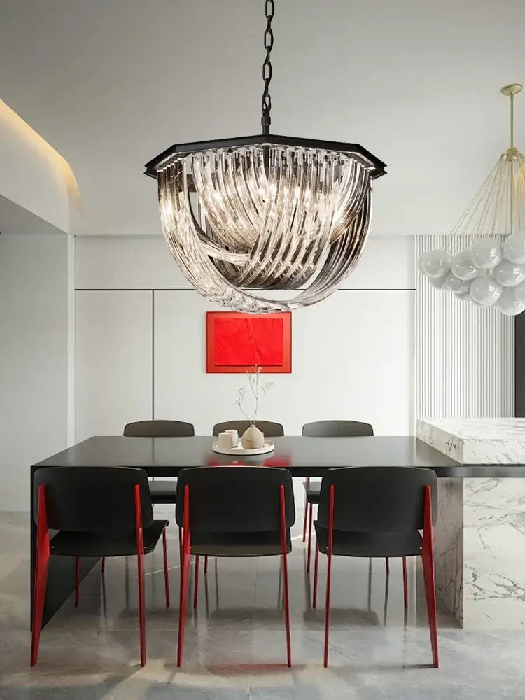 Modern gold crystal glass pendant lights featuring a black metal frame with cascading crystal glass ribbons for dining room decorbites crystal glass chandelier