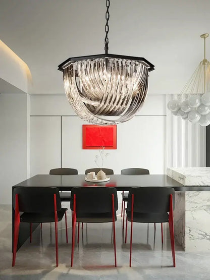 Modern gold crystal glass pendant lights featuring a black metal frame with cascading crystal glass ribbons for dining room decorbites crystal glass chandelier