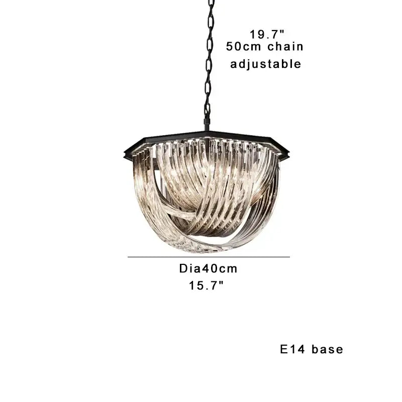 A modern gold crystal glass pendant light chandelier with black metal frame and cascading clear ribbed glass shades
