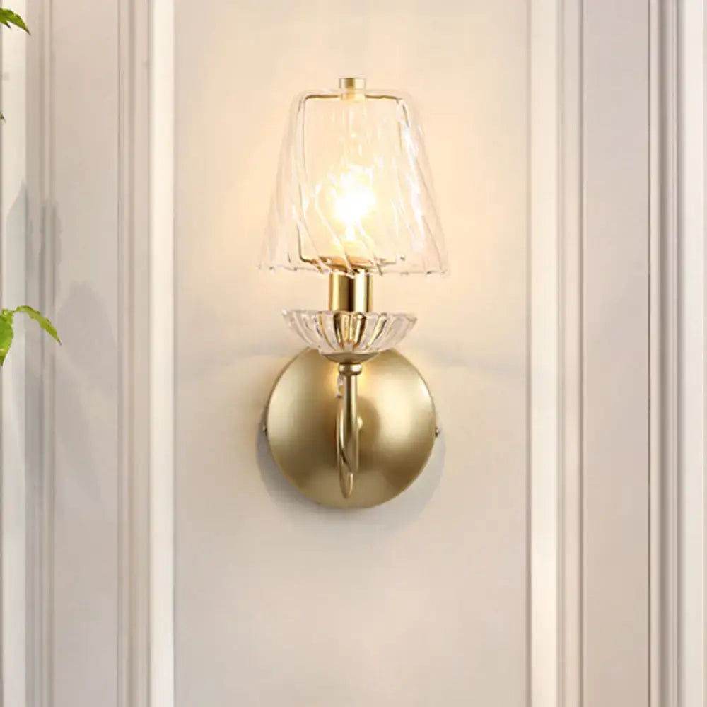 Modern gold crystal glass sconce with textured glass shade and crystal accents for living room wall lighting