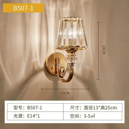 Modern gold wall lamp with decorbites crystal glass faceted shade and decorative crystal glass wall bead for luxury decor