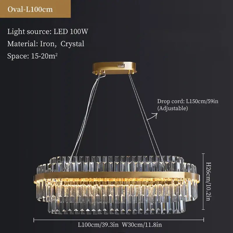 Modern gold crystal hanging lamp with gold-toned oval iron frame and cascading crystal prisms for living room decorbites crystal hanging