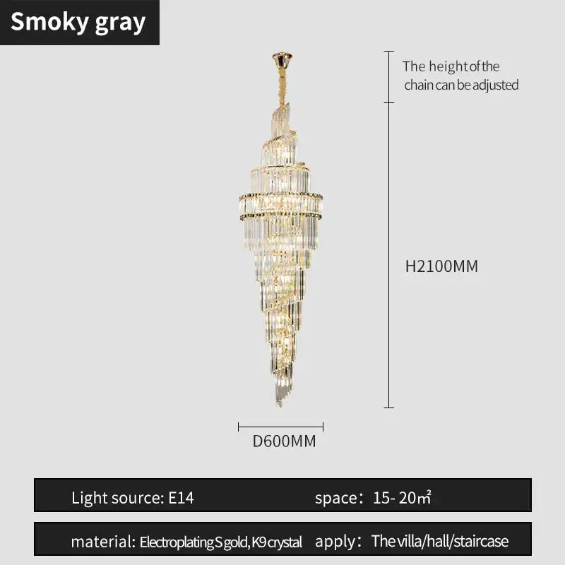 Elegant smoky gray decorbites crystal hollow chandelier with gold electroplated metal and clear crystals for living room decor