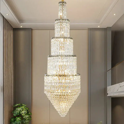 Modern gold crystal hollow long chandelier with tiered conical design and gold-toned metal accents for villa hall lighting