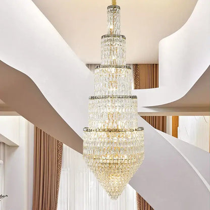 Modern gold crystal hollow long chandelier with tiered clear faceted crystals and gold metal frame for villa hall lighting