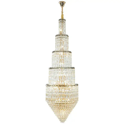Modern gold crystal hollow long chandelier with a multi-tiered frame and cascading clear faceted crystals for villa hall lighting