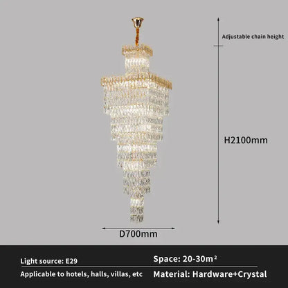 Modern gold crystal hollow stair chandelier with a multi-tiered design and hanging chains, 2100mm height decorbites crystal hollow