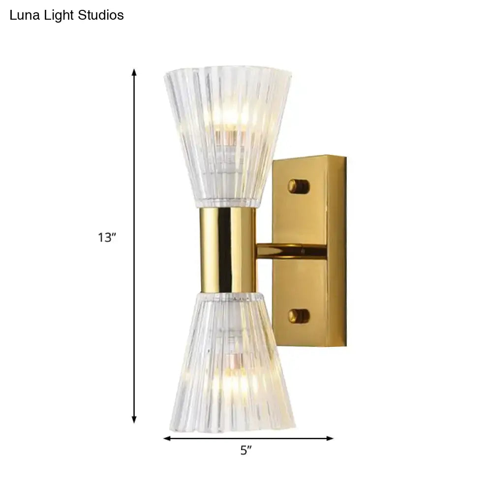 Modern gold crystal hourglass wall light fixture with gold-finished wall light and two clear fluted glass shades 220v-240v