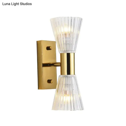 Modern gold crystal hourglass wall light fixture with gold metal base and two clear fluted glass shades 220v-240v wall light